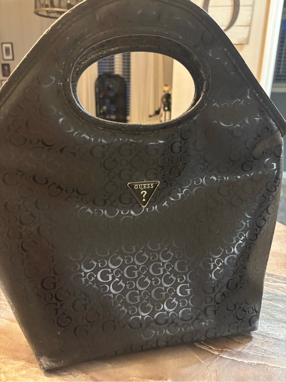 GUESS Black Logo Insulated Lunch Tote with Gold Triangle Logo